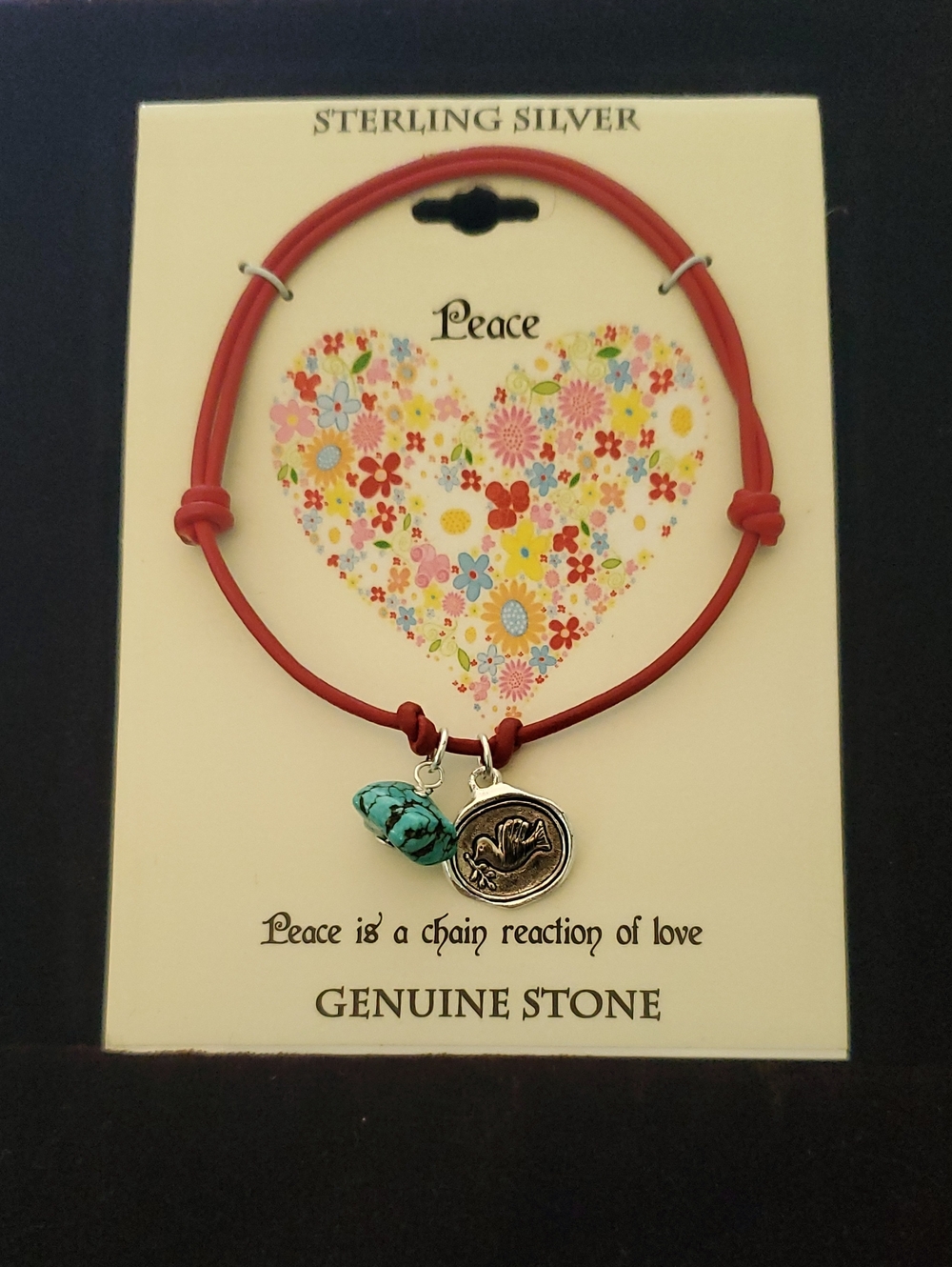 Peace Sterling Silver Red Cord Bracelet with Turquoise Charm
